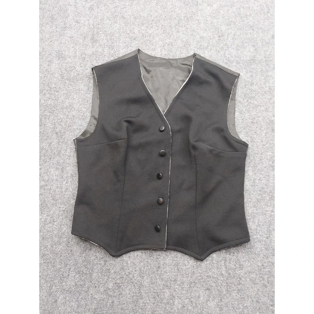 Vintage Vest Womens 14 Tan Black Plaid Reversible Union Made 5 Button Wool Blend